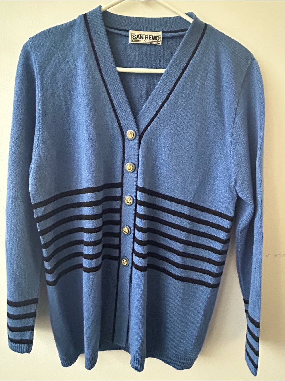 San Remo Petites Vintage Women’s Light Blue Striped V-Neck Cardigan